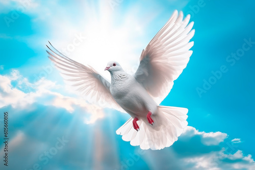 A free white dove flying in the sky.AI generated.