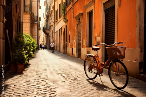 Bicycle in an alley with old houses on cobblestones with tourists in the background, made with generative ai