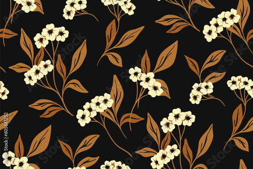 Seamless floral pattern, autumn flower print with hand drawn blooming branches. Vintage botanical fabric or paper design: small flowers, branches, brown leaves on dark background. Vector illustration.