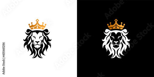 Royal king lion with gold crown symbol. Elegant black Leo animal logotype. Premium luxury brand identity icon. Vector illustration design template