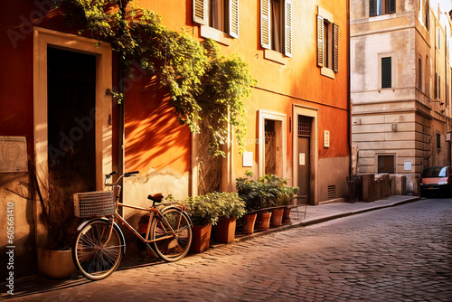 Alleyway with cobblestones in front of Italian-style houses with a bicycle and shopping basket leaning against them, made with generative ai