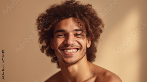 A relaxed and smiling young man stands out in the studio. Generative AI