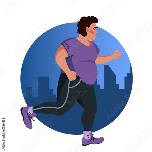 Vector illustration in a flat style with an obese man jogging against the background of a night city. Healthy lifestyle and proper nutrition, sports training, running