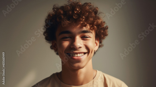 A joyful smile radiates warmly in the beige studio. Generative AI