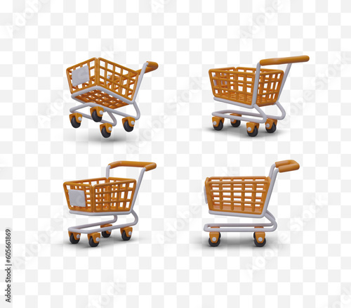 Collection of realistic shopping carts. Modern shopping cart side, bottom, front view. Bright icons, illustrations, made in same style for web design of trading company, store