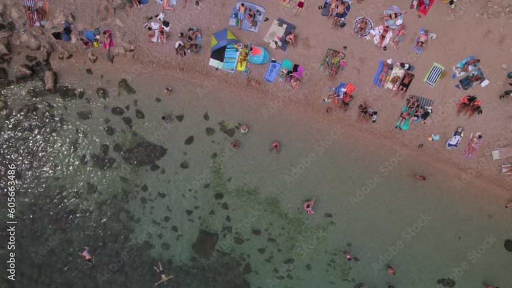 Aerial panoramic drone view of rocky Bellevue Beach in Dubrovnik, Dubrovnik Riviera Aerial panoramic drone view of rocky Bellevue Beach in Dubrovnik, Dubrovnik Riviera