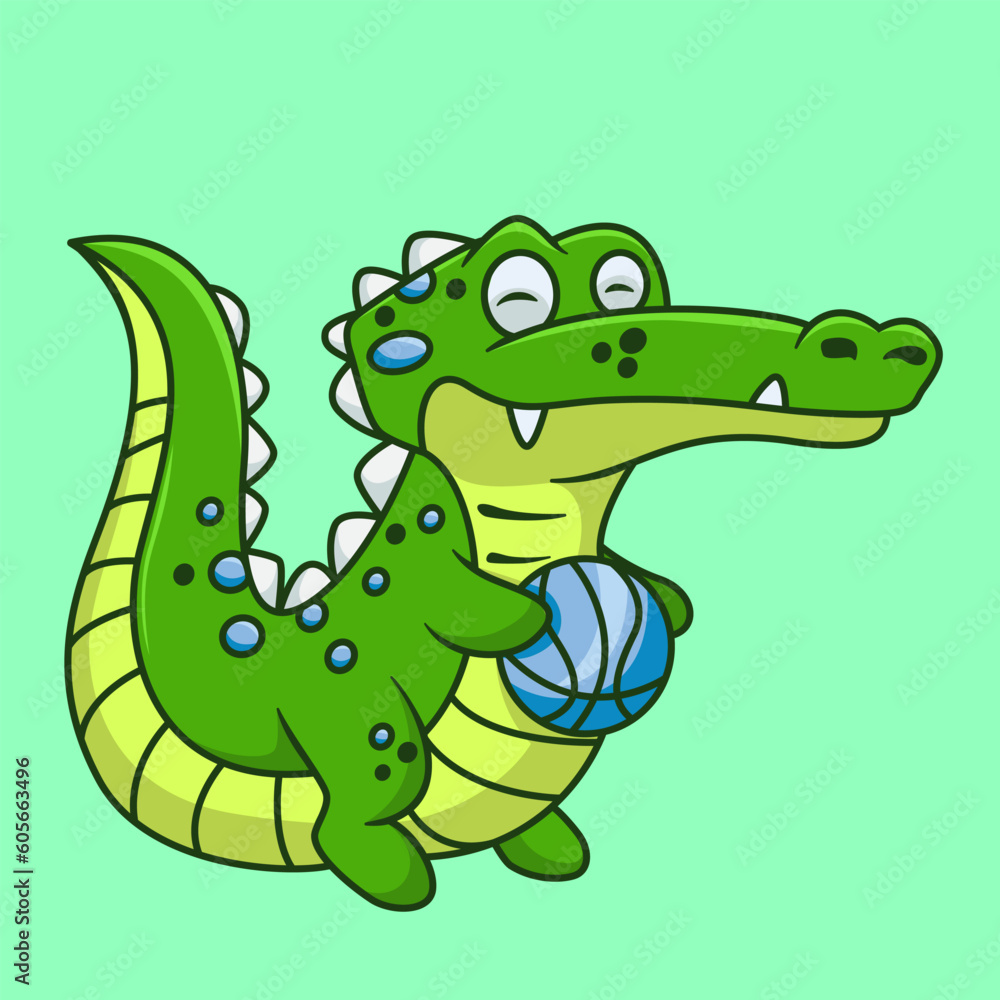 Naklejka premium Cute crocodile baby is holding a basketball ball cartoon style