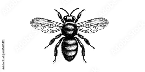 Vector engraving hand drawn illustration of honey bee on white background