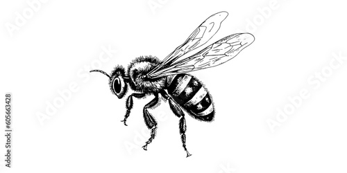 Vector engraving hand drawn illustration of honey bee on white background