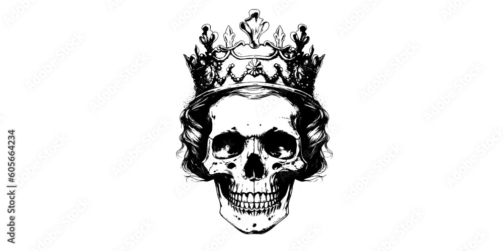 Fototapeta premium Hand drawn portrait of a skull with a crown. Vector rock illustration for your fashion design