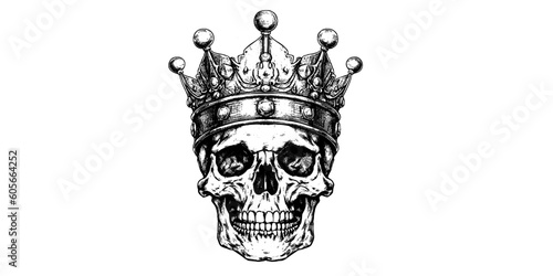 Hand drawn portrait of a skull with a crown. Vector  rock illustration for your fashion design