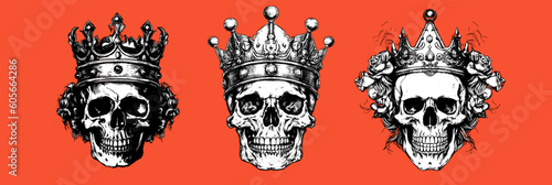 Hand drawn set portrait of a skull with a crown. Vector pack rock illustration for your fashion design