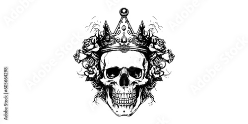 Hand drawn portrait of a skull with a crown. Vector  rock illustration for your fashion design