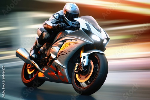 High speed concept of a motorcycle on a race track created with generative AI technology. photo