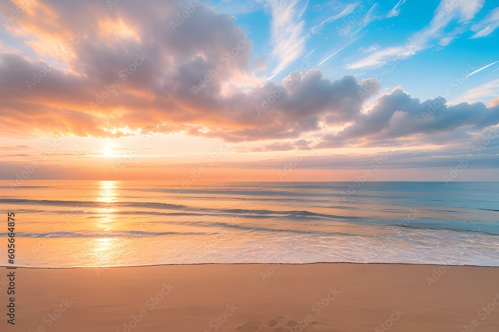 朝焼けの美しい彩雲と浜辺の風景