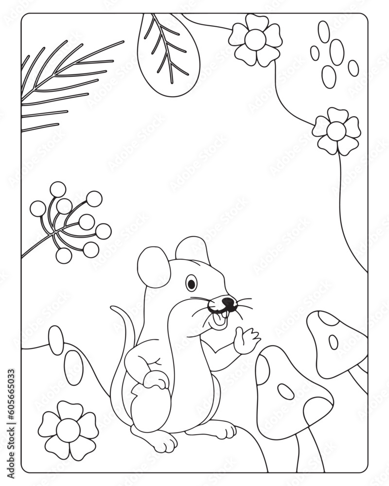 Fototapeta premium a cute mouse sitting in forest with flowers and mushrooms coloring page