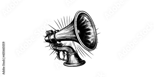 Retro hand drawn megaphone. Realistic sketch of loudspeaker. Pop art Vector illustration