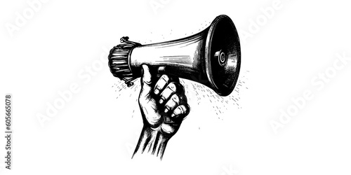 Retro hand drawn megaphone in hand. Realistic sketch of loudspeaker. Vector illustration