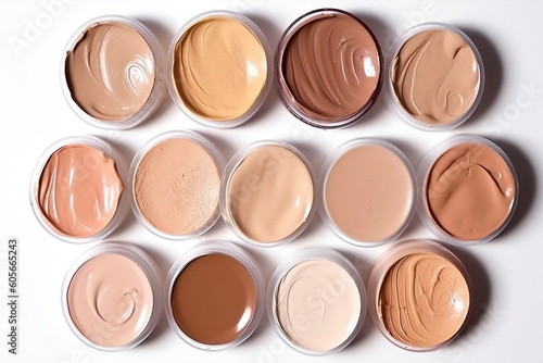 Foundation stains, diverse skin tones, and cosmetic samples on white background, generative AI