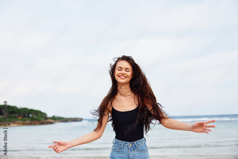 beach woman running sunset travel activity smile sea lifestyle young summer beach woman running sunset travel activity smile sea lifestyle young summer