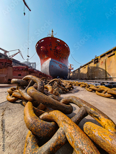 rusty Anchor chains of a ship laying on gr