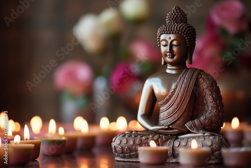 Serene Buddha in Meditation with Lotus Flower and Burning Candles - Spiritual Health and Peaceful Serenity Concept, generative AI
