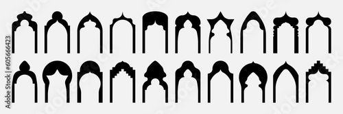 Vector set in Y2k style with Arabic style arches, religious objects, geometric shapes and boho style borders. Ideal for social media, posters and graphic design.