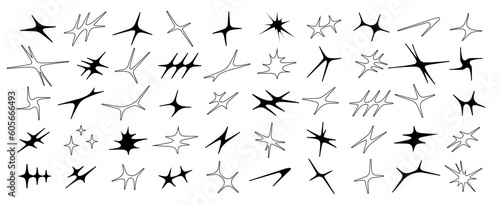 Vector set of comet and star shapes. Y2k shapes of shine  sun  sunbeams  flare and glares in a modern brutalist style.