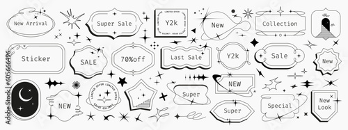 Sparkling vector set with y2k stickers, chat messages, Korean-style logos, stars, bubbles, flashes, labels, tags, and coupons.