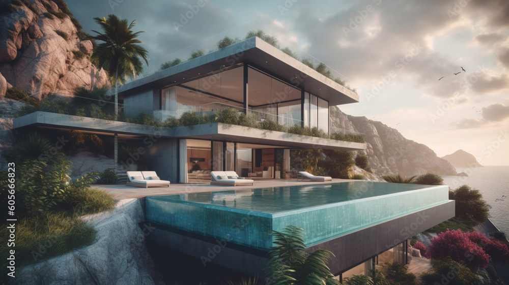 Modern flat roof house
 and panoramic windows, with a pool by the sea. Palm trees in the background.