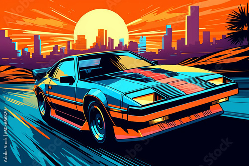 A vector illustration of a retro sports car with bold lines, vibrant colors, and a futuristic aesthetic, representing the iconic cars of the 80s. Generative AI