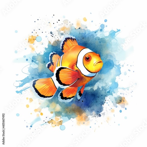 Cute funny animal illustration - Watercolor painting of cute sweet clown fish in waterr, design for logo or t shirt, isolated on white background (Generative Ai)