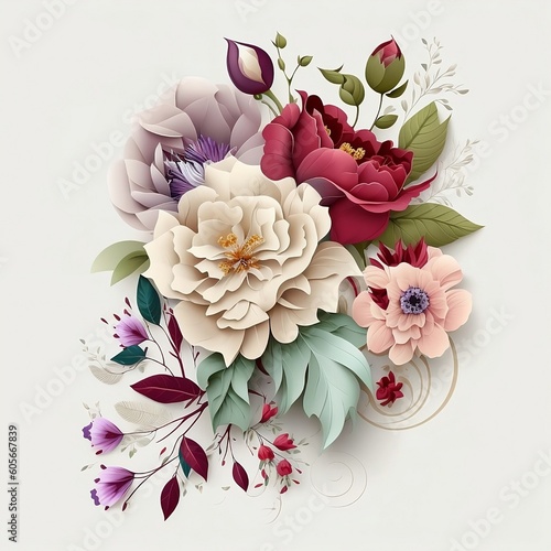Floral Symphony: A Delicate Harmony of Blossoms in Soft Cream, Burgundy, and Pastel Tones, Celebrating Nature's Elegance