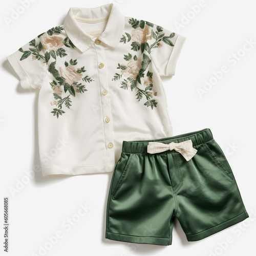 Stylish Mayoral Embroidered Blouse Set: Off-White Short Sleeve with Delicate Stitching and Dark Green Floral Shorts © aprilian