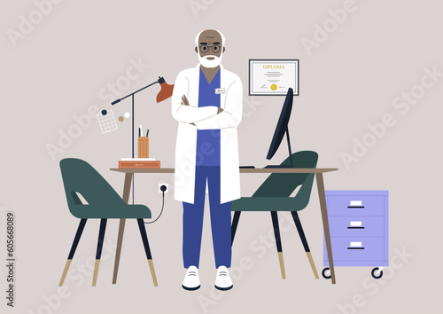A senior male African doctor wearing a white robe in their cabinet, a medical checkup appointment
