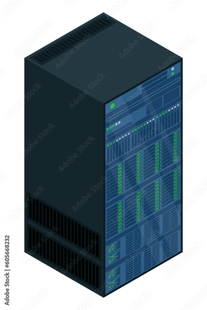 Isometric server. Network server room. Server in cabinets. Storage database. Isometric technology. Vector illustration Isometric server. Network server room. Server in cabinets. Storage database. Isometric technology. Vector illustration