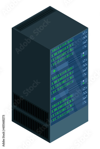 Isometric server. Network server room. Server in cabinets. Storage database. Isometric technology. Vector illustration