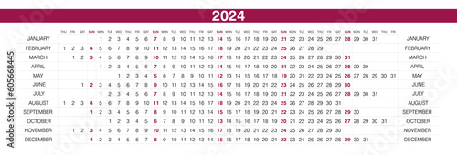 2024 calendar. Linear horizontal planner for year. Yearly calender template. Week starts Sunday. Annual schedule grid with 12 months. Landscape orientation, English. Simple design. Vector illustration