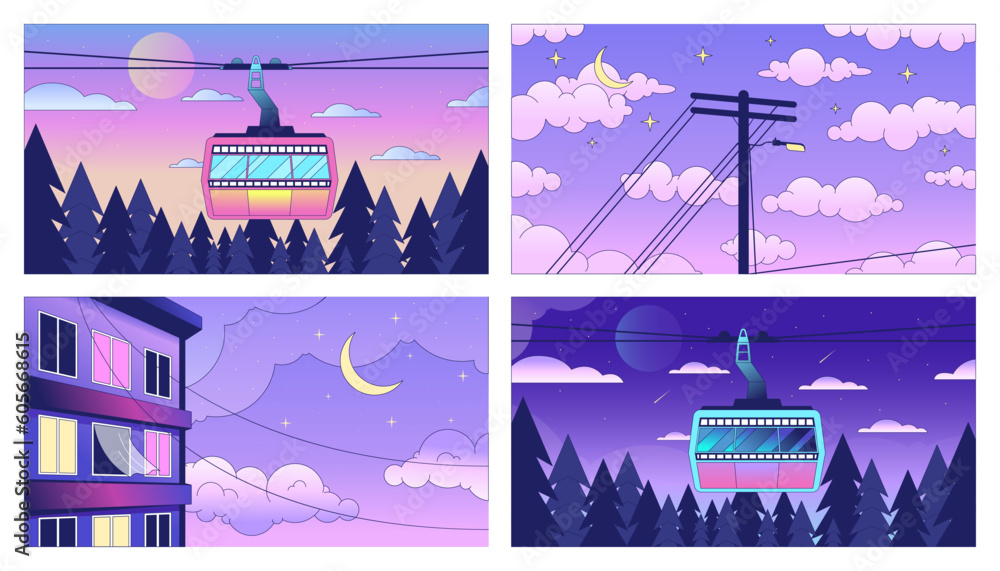 Night sky clouds with moon lo fi chill wallpaper set. Dusk cityscape 2D