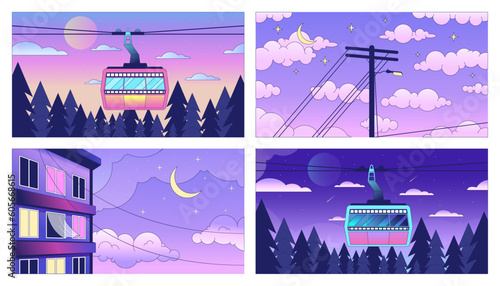 Night sky clouds with moon lo fi chill wallpaper set. Dusk cityscape 2D vector cartoon landscape, cityscape illustrations pack, vaporwave background. 80s retro album art, synthwave aesthetics