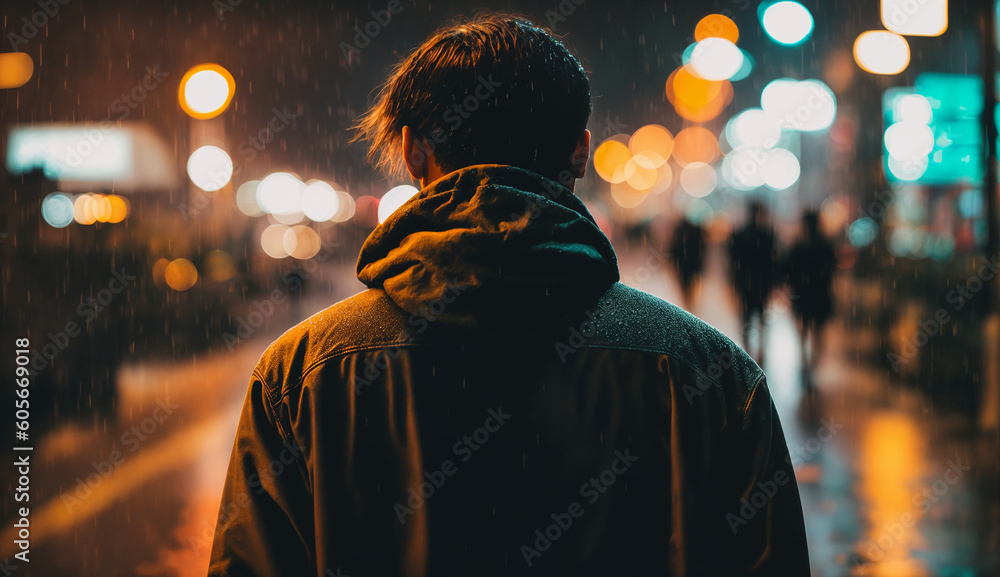 Lonely man standing in the rain. Night city street. Generative AI Lonely man standing in the rain. Night city street. Generative AI