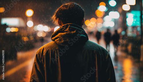 Lonely man standing in the rain. Night city street. Generative AI