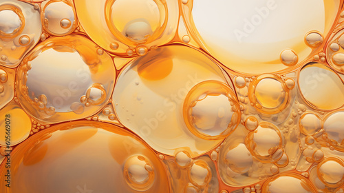 Oil bubbles background, AI generative gold liquid with golden drops. AI generative oil foam froth bubbles, abstract natural bubbling texture photo