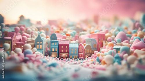 Aerial view of a city made out of candy streets