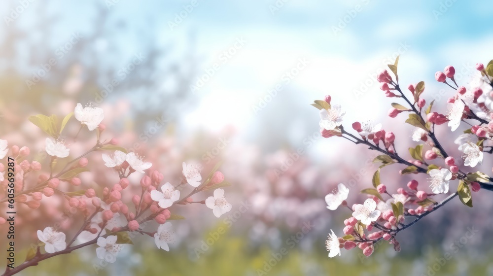 Admire a blurred spring background, featuring a blooming glade, trees, and a sunny blue sky. An idyllic portrait of nature's beauty, crafted by AI.