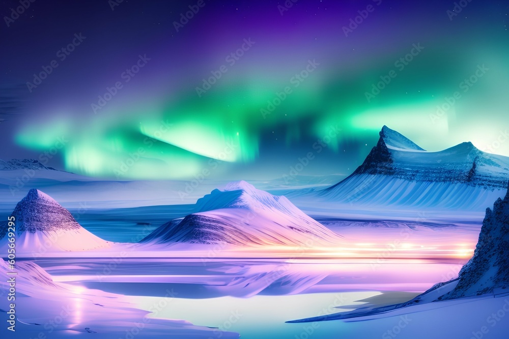 Majestic aurora borealis shining over snowy mountains near snow capped ground , northern lights - generative ai
