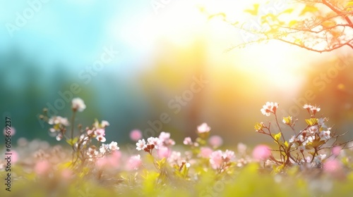 Behold a beautiful spring background with a blooming glade  trees  and sunny blue sky  all softly blurred for a dreamy effect. Artistry conceived by AI.