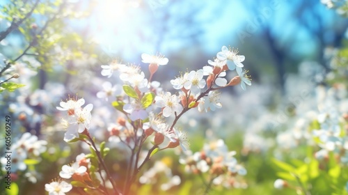  Marvel at a blurred spring background, with a blooming glade, trees, and blue sky enhancing the sunny day. A splendid display of nature, created by AI.