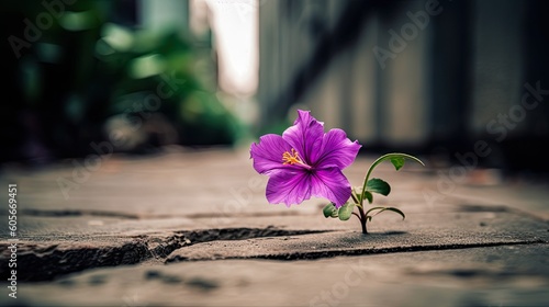 Purple flower growing on street coming out of cracked asphalt, soft focus, blurred street background with copy space. Generative ai