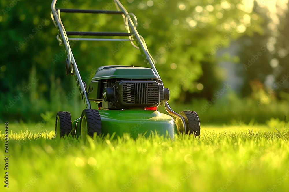 Fototapeta premium a green lawnmower stands on the lawn on the background of the garden. Generative AI